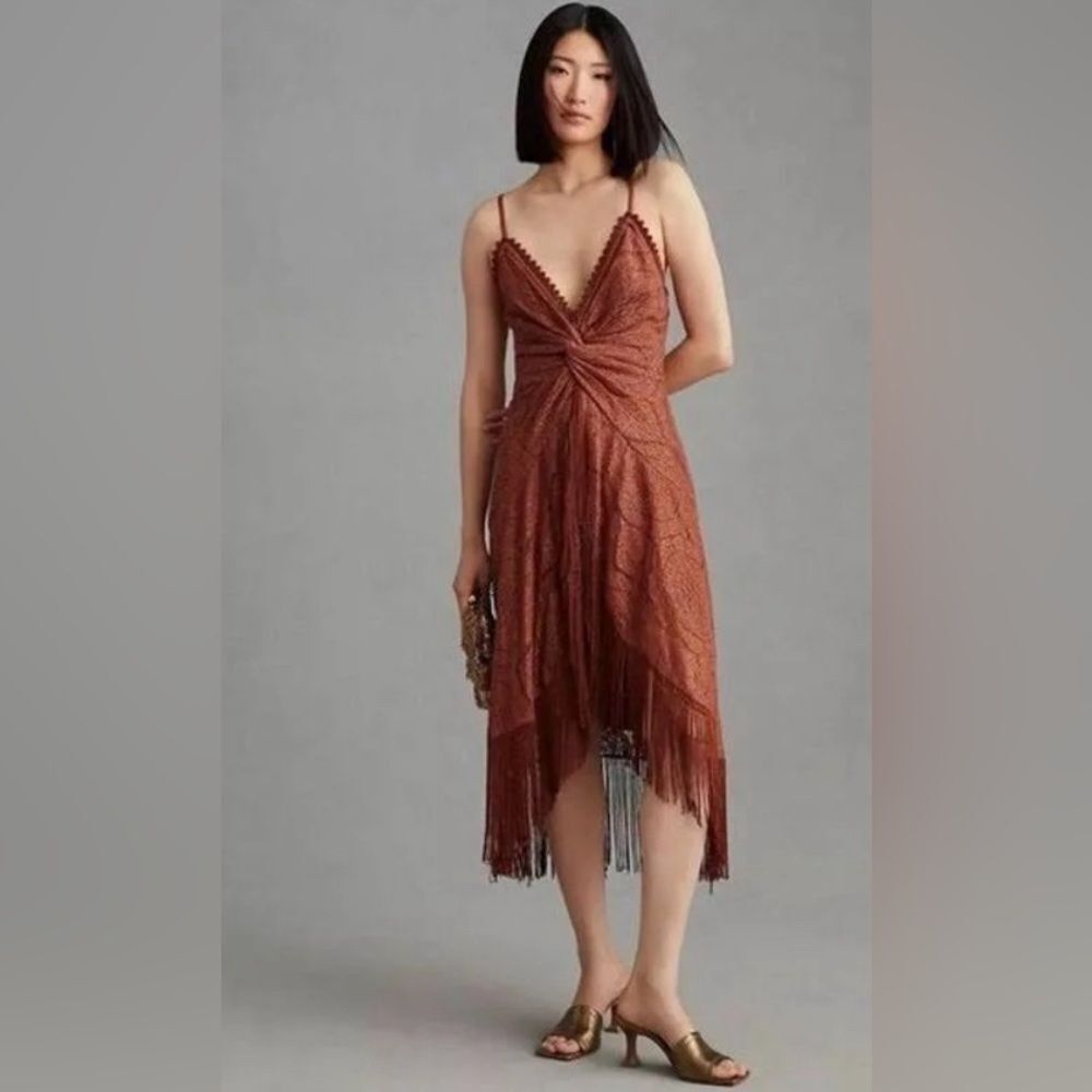 Anthropologie Bhanuni by Jyoti Crochet Fringe Brown Dress Size 6 Cooper